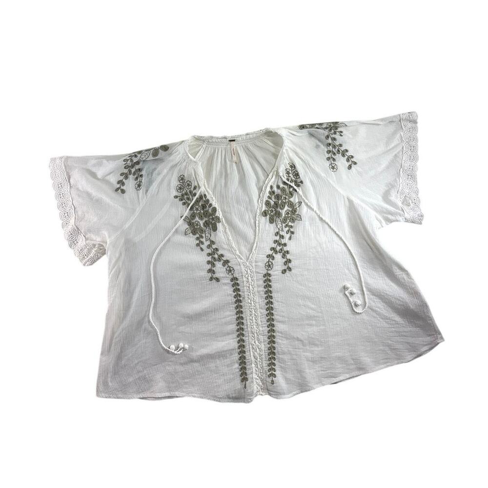 Free People Blouse White Sage Embroidered Gauze Top Medium